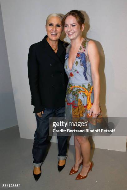 Stylist Maria Grazia Chiuri and Britt Robertson pose backstage after the Christian Dior show as part of the Paris Fashion Week Womenswear...