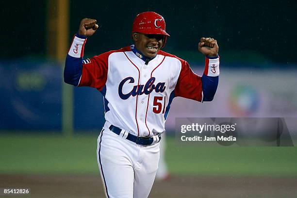 Cuba´s baseball player Yoennis Cespedes Celebrates the victory against Mexico during the World Baseball Classic 2009 on March 12, 2009 in Mexico...