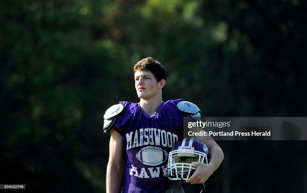 Kyle Glidden of Marshwood High School football practice Monday,... News