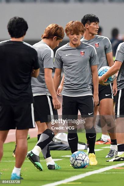 Players of Urawa Red Diamonds attend a training session ahead of 2017 AFC Champions League semifinal first leg match between Shanghai SIPG and Urawa...