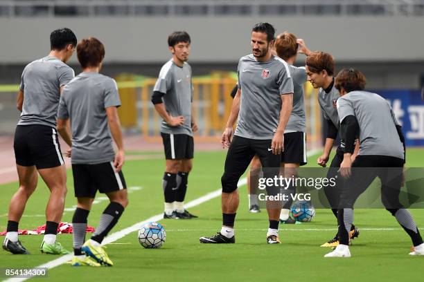 Players of Urawa Red Diamonds attend a training session ahead of 2017 AFC Champions League semifinal first leg match between Shanghai SIPG and Urawa...