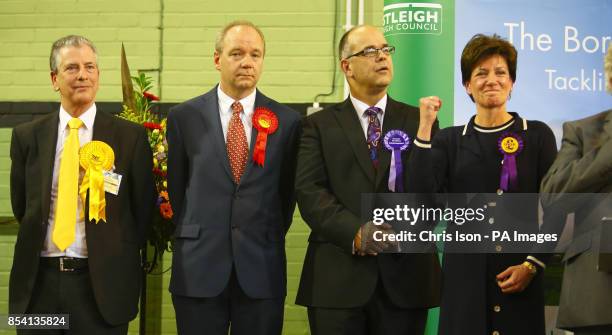 Diane James, the UKIP candidate celebrates after beating the Conservative party candidate Maria Hutchings into third place in the by-election at...