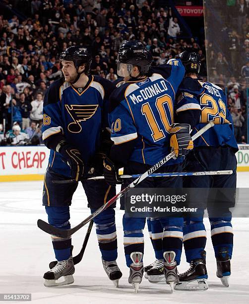 The St. Louis Blues celebrate a goal against the San Jose Sharks on March 12, 2009 at Scottrade Center in St. Louis, Missouri.