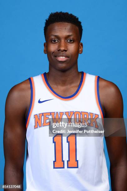 Frank Ntilikina of the New York Knicks poses for a portrait during 2017 Media Day on September 25, 2017 at the New York Knicks Practice Facility in...