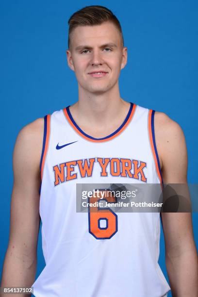 Kristaps Porzingis of the New York Knicks poses for a portrait during 2017 Media Day on September 25, 2017 at the New York Knicks Practice Facility...