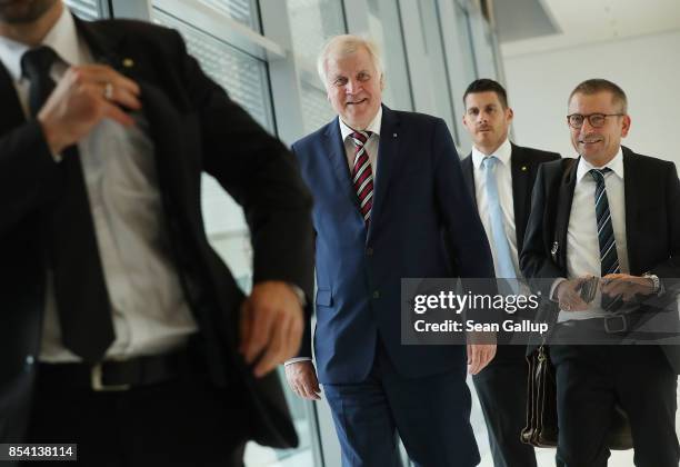 Bavarian Governor and leader of the Bavarian Christian Democrats Horst Seehofer arrives to speak to the media following a meeting of the CSU and...