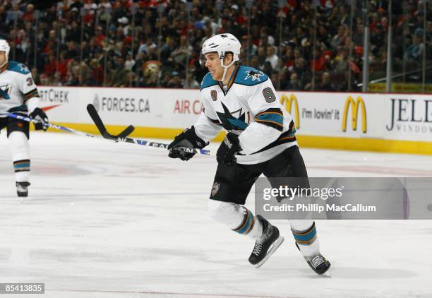 Joe Pavelski of the San Jose Sharks skates against the Ottawa Senators during the game on February 26, 2009 at the Scotiabank Place in Ottawa,...