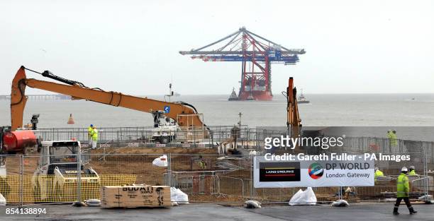 The Zhen Hua 26 ship arrives from China to deliver three quay cranes standing 138 metres high to the UKs new global shipping port, DP Worlds London...