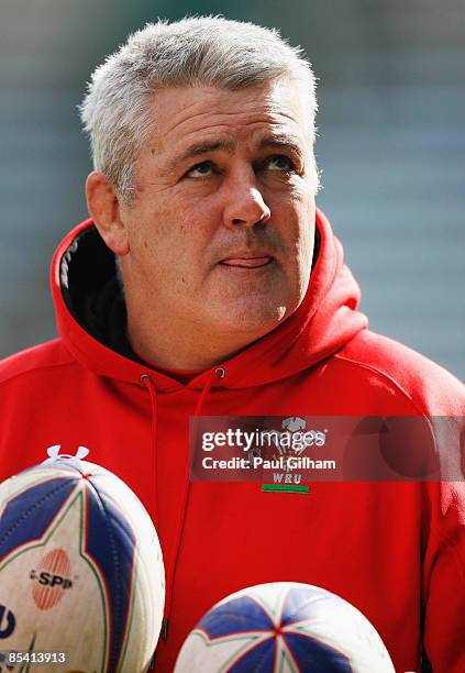 Coach Warren Gatland of Wales looks on during a Wales training session ahead of the RBS Six Nations match between Italy and Wales at the Stadio...