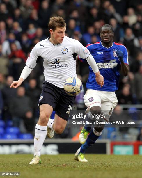 Leicester City's Chris Wood and Ipswich Town's Guirane N Daw during the npower Football League Championship match at Portman Road, Ipswich.