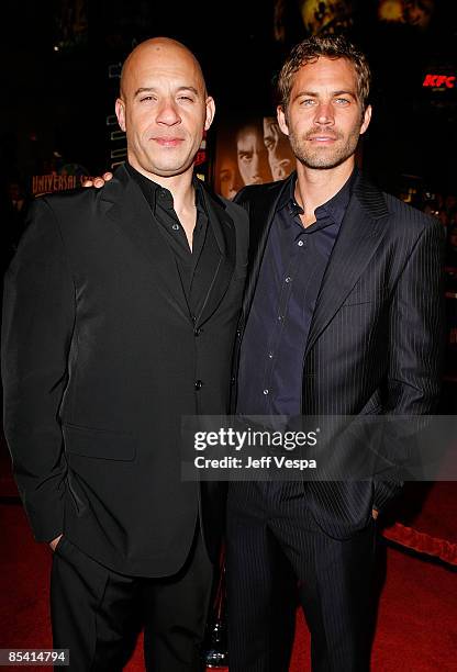 Actors Vin Diesel and Paul Walker arrive on the red carpet of the Los Angeles premiere of "Fast & Furious" held at the Gibson Amphitheatre on March...