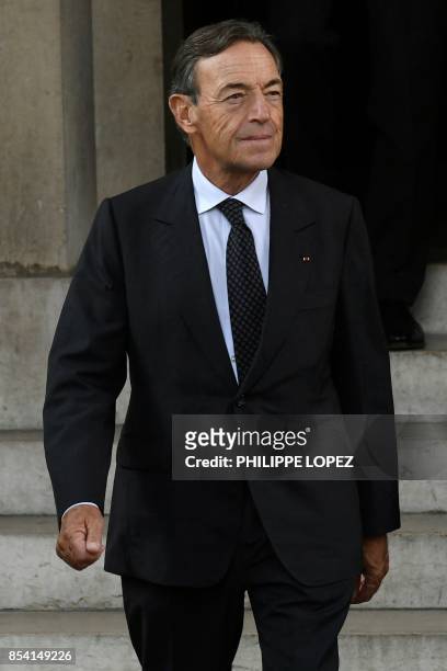 Former L'Oreal Chairman Lindsay Owen-Jones leaves after attending the funeral of L'Oreal heiress, Liliane Bettencourt, on September 26, 2017 at the...
