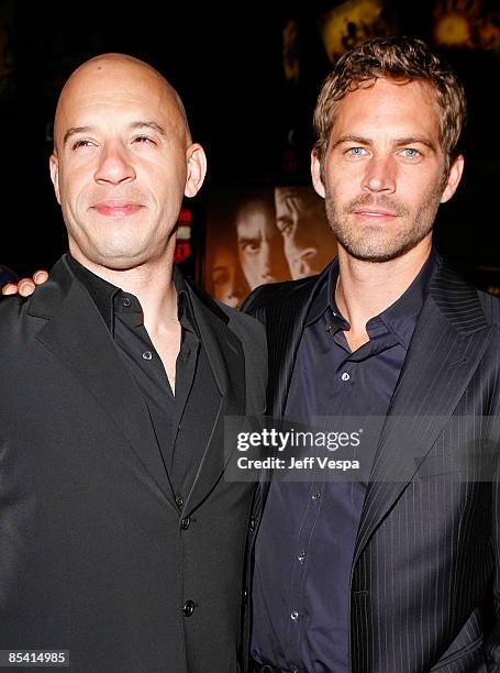 Actors Vin Diesel and Paul Walker arrive on the red carpet of the Los Angeles premiere of "Fast & Furious" held at the Gibson Amphitheatre on March...