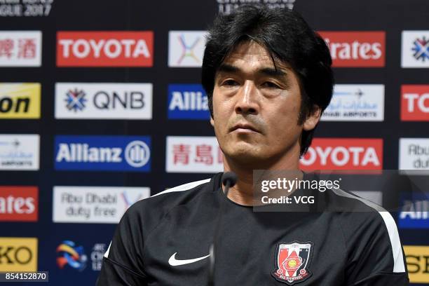 Head coach Takafumi Hori of Urawa Red Diamonds attends a press conference ahead of 2017 AFC Champions League semifinal first leg match between...