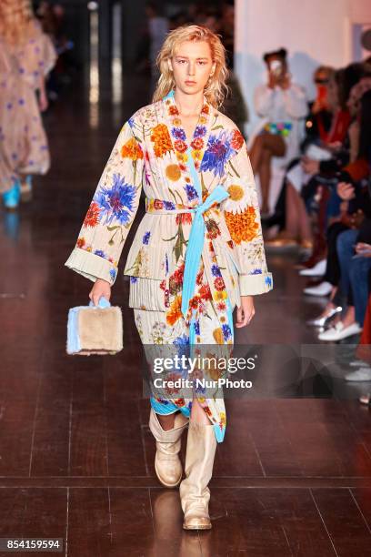 Model saunters down the runway in Natasha Zinko's SS18 collection on Sept 15th 2017 at 180 Strand in London, UK.