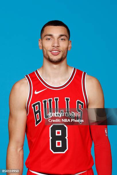 Zach LaVine of the Chicago Bulls poses for a head shot during NBA Media Day on September 25, 2017 at the Advocate Center in Chicago, Illinois. NOTE...