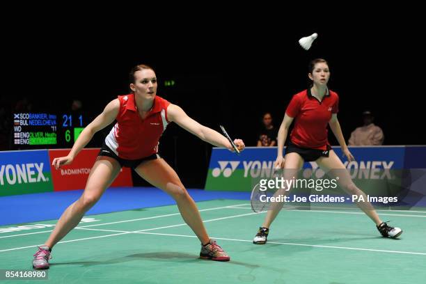 England's Kate Robertshaw and Heather Olver in action against Scotland's Imogen Bankier and Bulgaria's Petya Nedelcheva during day one of the 2013...