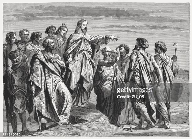 jesus sends out the twelve apostles (matthew 10), published 1886 - twelve apostles stock illustrations