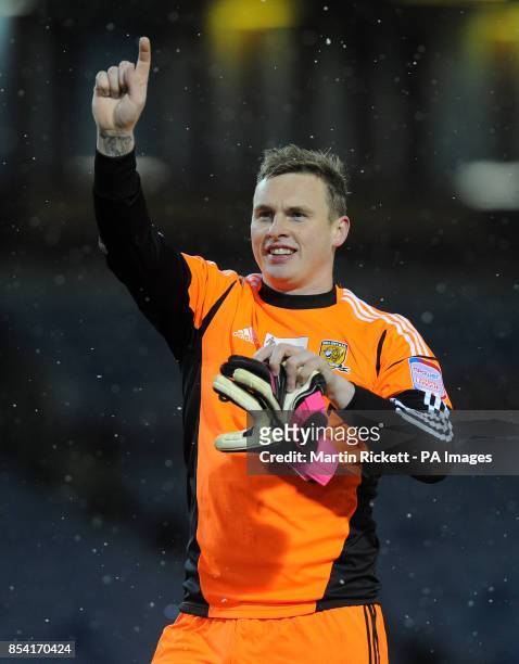Hull City goalkeeper David Stockdale salutes the fans after his teams 1-0 win against Burnley's in the npower Championship match at Turf Moor,...