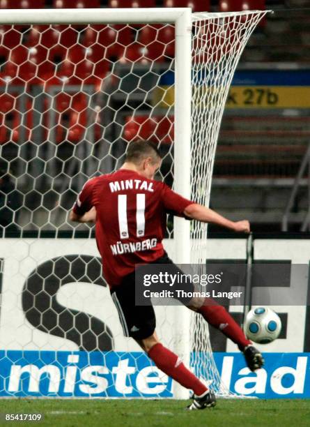 Marek Mintal of Nuernberg scores the 4-0 goal during the 2nd Bundesliga match between 1. FC Nuernberg and Rot-Weiss Ahlen on March 13, 2009 at the...