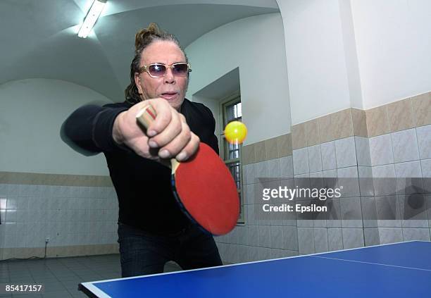 Actor Mickey Rourke plays ping pong as he visits a Butyrka jail in preparation to work on a new film on March 13, 2009 in Moscow, Russia. The Russian...