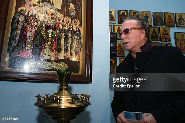 Actor Mickey Rourke visits a Butyrka jail's church in preparation to work on a new film on March 13, 2009 in Moscow, Russia. The Russian premiere of...