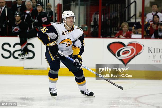 Jochen Hecht of the Buffalo Sabres skates during the game against the Carolina Hurricanes on February 26, 2009 at RBC Center in Raleigh, North...