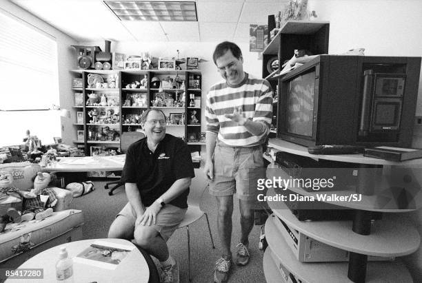 Of Apple Steve Jobs with John Lassiter in John's office at Pixar, August 1997.