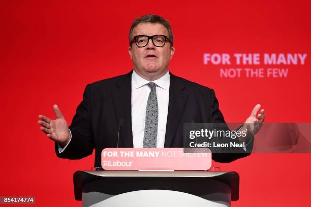 Deputy Labour party leader Tom Watson speaks to delegates in the main hall, on day three of the annual Labour Party Conference on September 26, 2017...