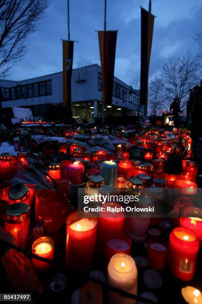 Mourners have placed candles outside the high school on March 13, 2009 in Winnenden, Germany. 17 - year old Tim Kretschmer opened fire on Wednesday,...