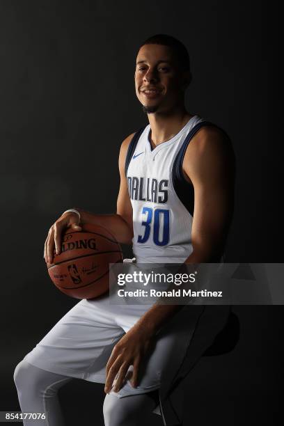 Seth Curry of the Dallas Mavericks poses for a portrait during Dallas Mavericks media day at American Airlines Center on September 25, 2017 in...