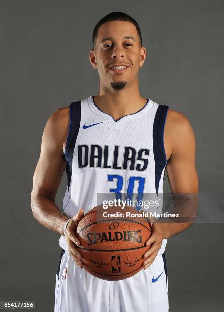 Seth Curry of the Dallas Mavericks poses for a portrait during Dallas Mavericks media day at American Airlines Center on September 25, 2017 in...