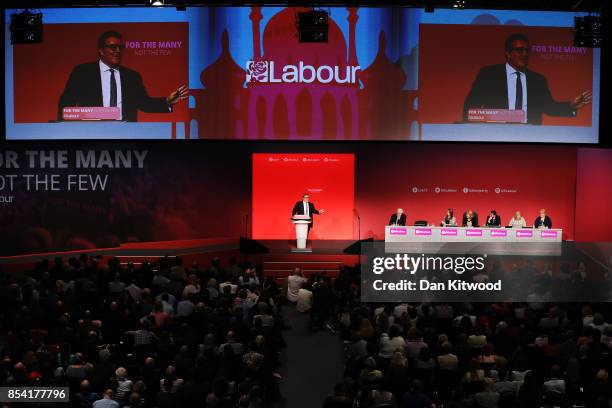 Deputy Labour party leader Tom Watson speaks to delegates in the main hall, on day three of the annual Labour Party Conference on September 26, 2017...