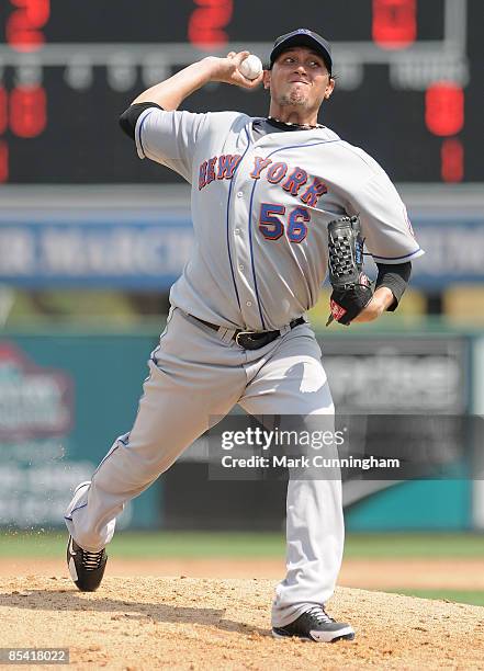 Freddy Garcia of the New York Mets pitches against the Detroit Tigers during the spring training game at Joker Marchant Stadium on March 13, 2009 in...