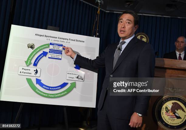 Acting United States Attorney for the Southern District of New York Joon H. Kim speaks during a press conference to announce charges of fraud and...