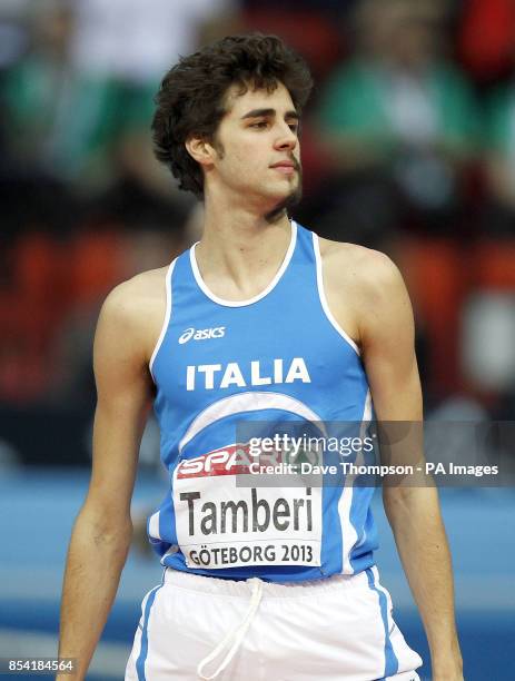 Italy's Gianmarco Tamberi with his face partly shaven during the men's high jump.