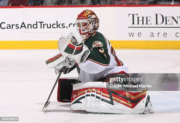 Goaltender Niklas Backstrom of the Minnesota Wild skates against the Colorado Avalanche at the Pepsi Center on March 12, 2009 in Denver, Colorado....