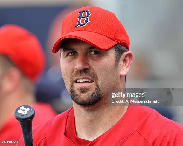 Catcher Jason Varitek of the Boston Red Sox watches batting practice before play against the New York Yankees March 13, 2009 at City of Palms Park in...