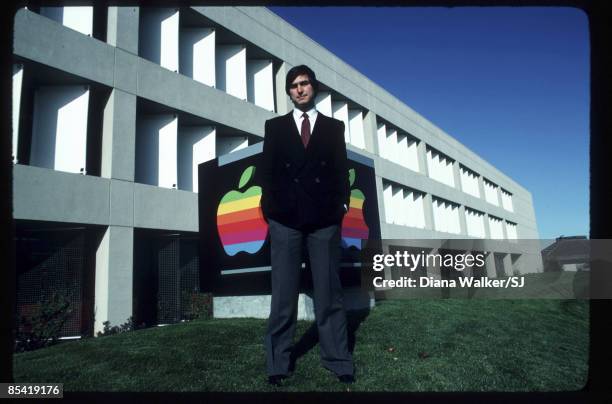 Apple CEO Steve Jobs standing outside of Apple Computer's headquarters in Cupertino, CA on December 15, 1982. IMAGE PREVIOUSLY A TIME & LIFE IMAGE.