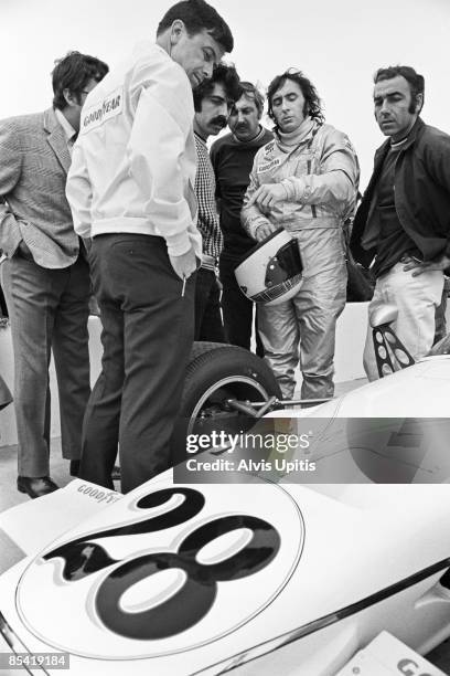 Jackie Stewart after testing the McLaren M10B that A.J. Foyt, Jr. Would drive proclaimed it competitive for the Questor Grand Prix at the Ontario...