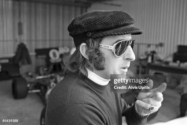 Jackie Stewart before the Questor Grand Prix at the Ontario Motor Speedway in which Formula One cars competed with Formula A cars on March 28, 1971...