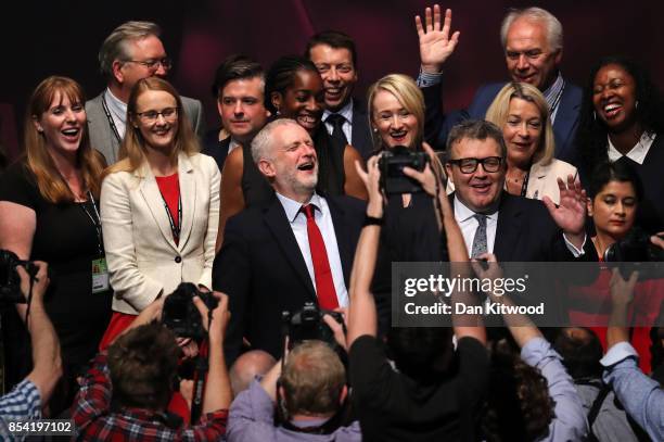 Labour party leader Jeremy Corbyn laughs as Shadow Secretary of State for Education Angela Rayner , Deputy Labour party leader Tom Watson and Shadow...