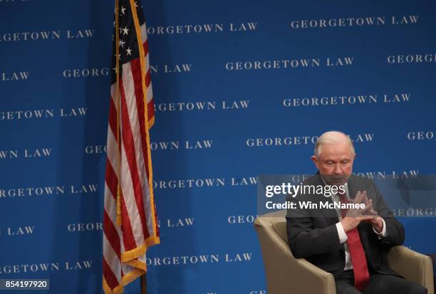 Attorney General Jeff Sessions answers questions after speaking at the Georgetown University Law Center September 26, 2017 in Washington, DC....