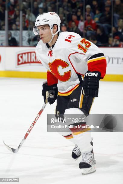 Mike Cammalleri of the Calgary Flames skates against the Ottawa Senators during the game on March 3, 2009 at Scotiabank Place in Ottawa, Ontario,...