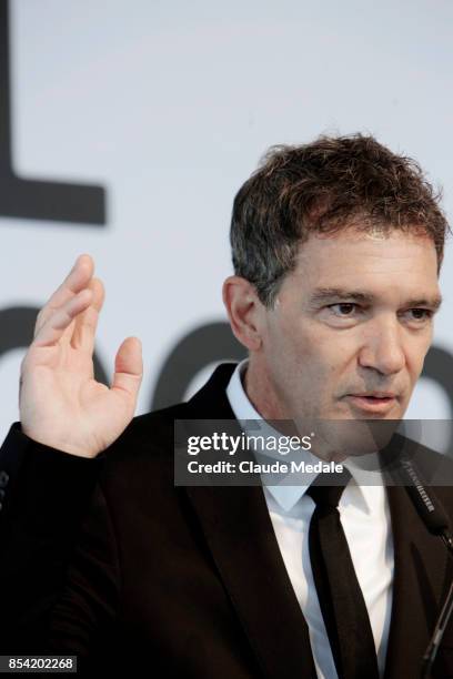 Antonio Banderas receives the National Cinema Award during 65th San Sebastian Film Festival at Prisma-Tabakalera on September 23, 2017 in San...