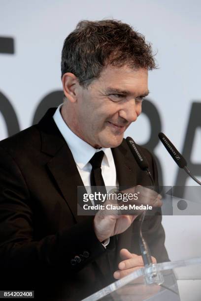 Antonio Banderas receives the National Cinema Award during 65th San Sebastian Film Festival at Prisma-Tabakalera on September 23, 2017 in San...