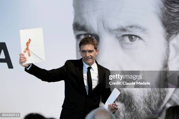 Antonio Banderas receives the National Cinema Award during 65th San Sebastian Film Festival at Prisma-Tabakalera on September 23, 2017 in San...