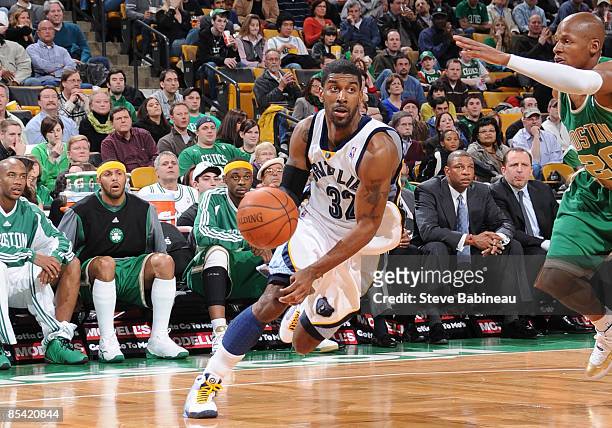 Mayo of the Memphis Grizzlies drives the lane against Ray Allen of the Boston Celtics during the game on March 13, 2009 at the TD Banknorth Garden in...