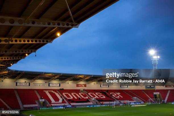 Keepmoat Stadium, home stadium of Doncaster Rovers at dusk during the Sky Bet League One match between Doncaster Rovers and Shrewsbury Town at...