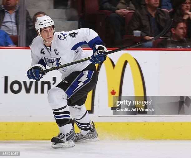 Vincent Lecavalier of the Tampa Bay Lightning skates up ice during the game against the Vancouver Canucks at General Motors Place on February 27,...